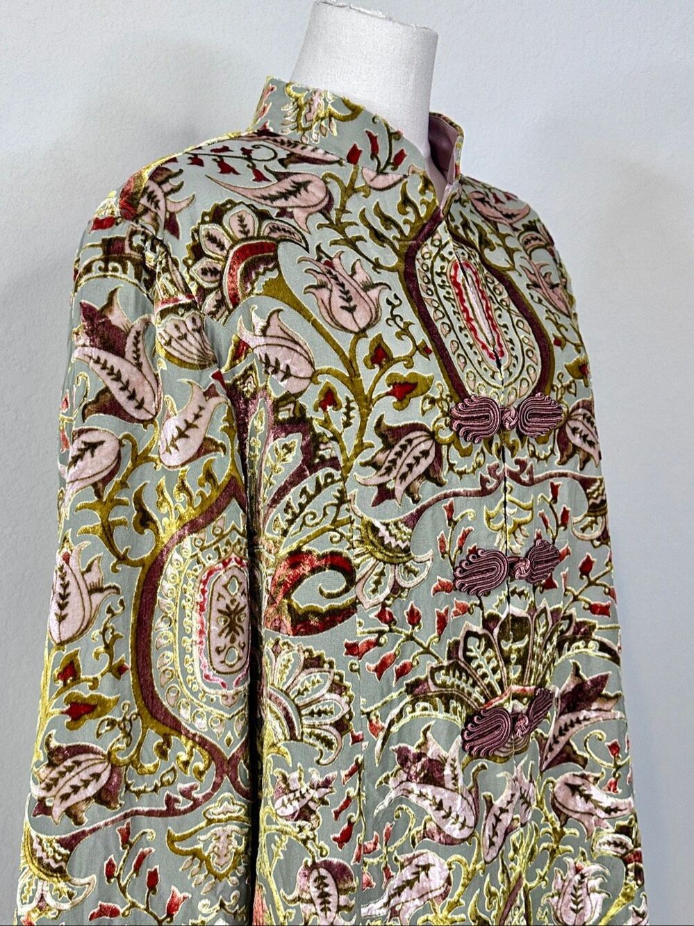 Soft Surroundings Velvet Burnout Long Jacket L Chinoiserie Frog Closure Boho Lux - Picture 16 of 16